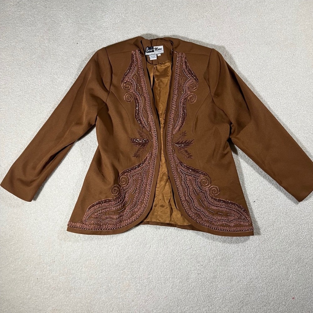 Ben Marc Blazer Jacket Womens 18 Brown Beaded Embroidered Open Front Ornate